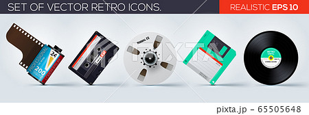 Set of retro icons. 35mm film, floppy disk, vinyl record, bobine, cassette. Vector illustration 65505648