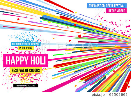 Creative template for Indian festival Happy Holi celebrations with multi color splash and strips on white background. Beautiful Indian festival Happy Holi. 65505665