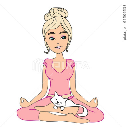 Yoga girl in lotus position and her sweet cat 65506533