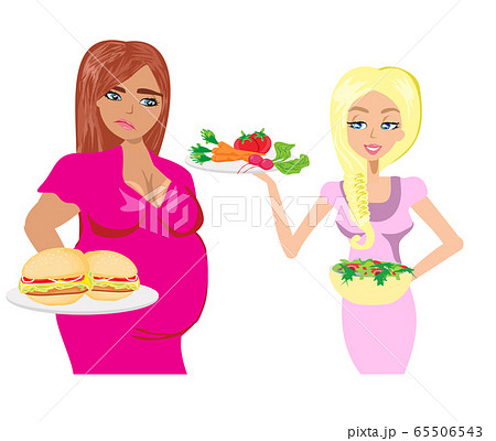 woman chooses between healthy and unhealthy food 65506543
