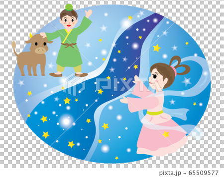 七夕の夜に天の川で会う織姫と彦星のイラスト素材