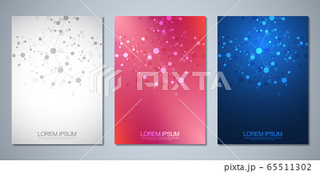 Vector template brochures or cover design, book, flyer, with molecules background and neural network. Abstract geometric background of connected lines and dots. Science and technology concept. 65511302