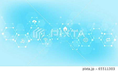 Technology background with flat icons and symbols. Concept and idea for internet of things, communication, network, innovation technology, system integration. Vector illustration. 65511303
