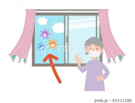 マスクをしたおばあちゃんと窓を開けて換気するベクターイラスト 65511386