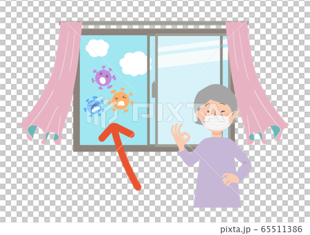 矢量圖的奶奶戴著面具，打開窗戶通風 65511386