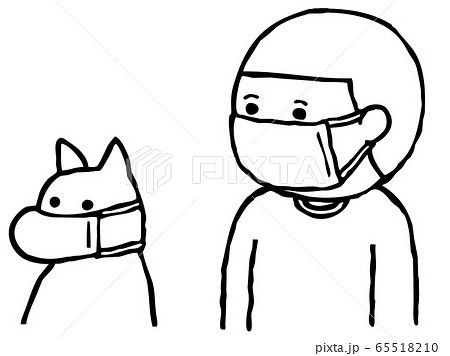 マスクをする犬と少年 モノクロのイラスト素材