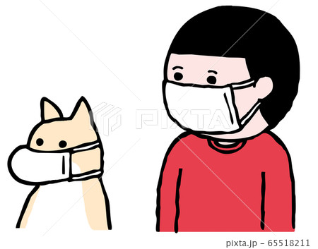 マスクをする犬と少年 カラーのイラスト素材