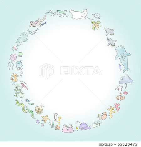 水彩風の海の生き物の丸いフレームのイラスト素材
