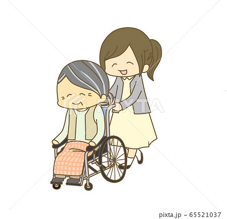 車椅子のおばあちゃんと女の子のイラスト素材