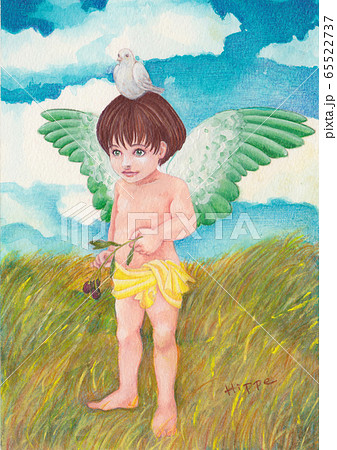 子供の天使がオリーブを持って頭に鳩をのせているのイラスト素材