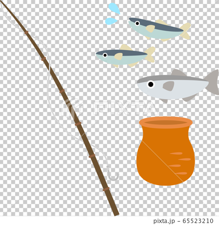 Bamboo fishing rod and fish basket - Stock Illustration [65523210