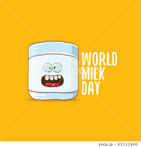 World milk day greeting banner with funny cartoon cute smiling milk glass character isolated on orange background. Happy milk day concept illustration with Kids kawaii food funky character. World milk day greeting banner with funny cartoon cute smiling milk glass character isolated on orange background. Happy milk day concept illustration with Kids kawaii food funky character. 65531840