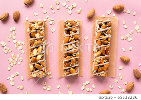 Protein Almond Bars On Pink Background Protein Almond Bars On Pink Background 65533226