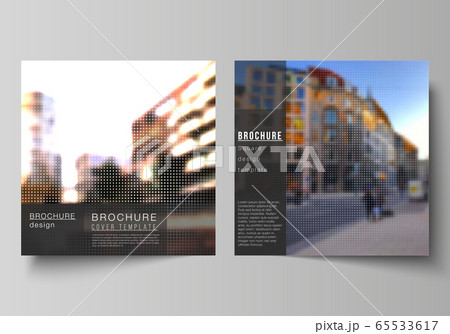 Vector layout of two square covers design templates for brochure, flyer, magazine, cover design, book design, brochure cover. Abstract halftone effect decoration with dots. Dotted pattern decoration. 65533617