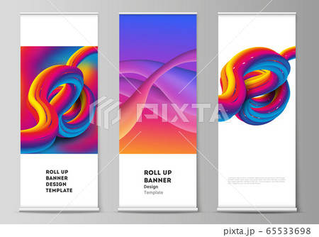 The vector illustration layout of roll up banner stands, vertical flyers, flags design business templates. Futuristic technology design, colorful backgrounds with fluid gradient shapes composition. 65533698