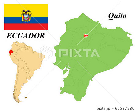 Republic of Ecuador. Capital Of Quito. Flag Of Ecuador. Map of the continent of South America with country borders. Vector graphics. 65537536