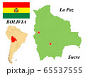 Plurinational State Of Bolivia. The capital is La Paz and Sucre. Flag Of Bolivia. Map of the continent of South America with country borders. Vector graphics. 65537555