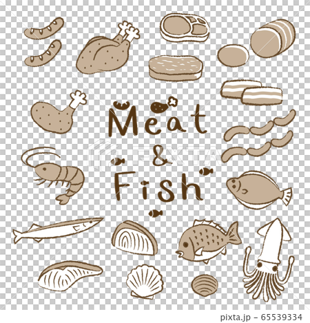 手描き風 お肉 お魚 アイコンセット セピアver のイラスト素材