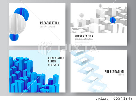 Vector layout of presentation slides design templates, template for presentation brochure, brochure cover, business report. 3d render vector composition with dynamic geometric blue shapes in motion. 65541345