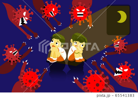 The children are scared and fear of the Coronavirus (CoVID-19) evil, who is going to hurt them. Nightmare concept. The children are scared and fear of the Coronavirus (CoVID-19) evil, who is going to hurt them. Nightmare concept. 65541383