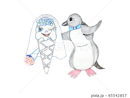 Wedding ceremony with ice cream, bouquet and penguin. 65542857