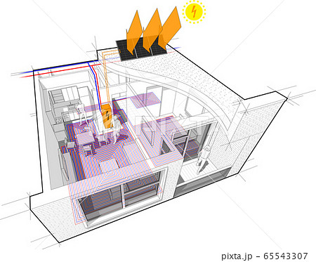 apartment completely furnished with hot water floor heating and central heating pipes as source of heating energy and photovoltaic panels on the roof as source of electric energy 65543307