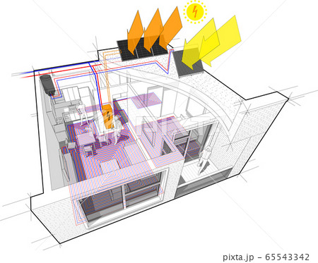apartment completely furnished with hot water floor heating and central heating pipes as source of heating energy energy with additional solar water heating panels and photovoltaic panels on the roof  65543342