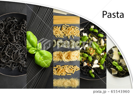 Collage of black Italian pasta spaghetti on dark. 65543960