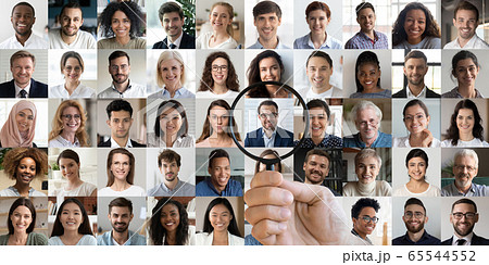 Hr manager holding magnifier finding recruit among multiethnic faces collage 65544552