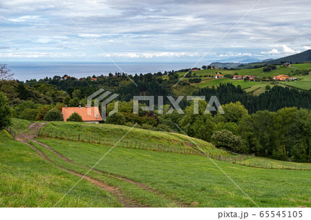 Landscape with rural houses in a village, hill with a forest, sea and blue sky with clouds. Basque Country, Spain.  65545105