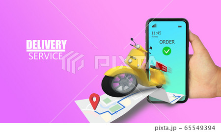3D Illustration Fast delivery by motorcycle. E-Commerce. Online Food,Taxi,Convenience order application, Blue and white background. Perspective design. 65549394