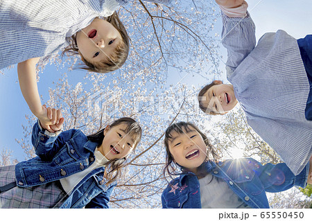 桜の咲く公園で遊ぶ子供たち 65550450