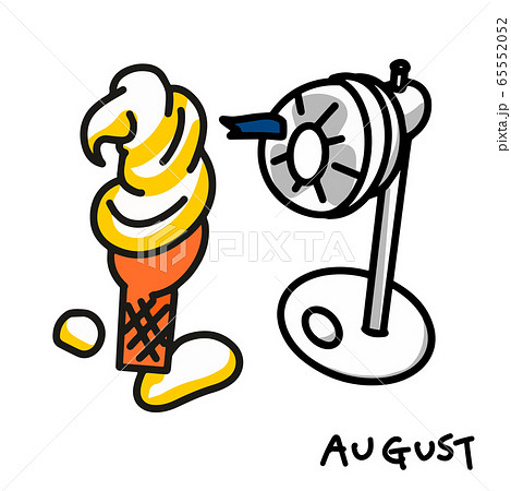 8月のイラスト-溶けたソフトクリームと古典的な扇風機 8月のイラスト-溶けたソフトクリームと古典的な扇風機 65552052