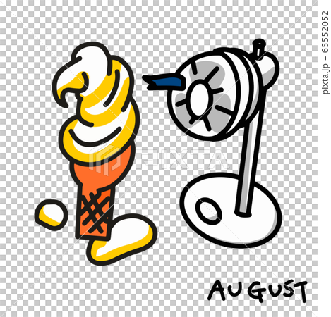8月のイラスト-溶けたソフトクリームと古典的な扇風機 8月のイラスト-溶けたソフトクリームと古典的な扇風機 65552052