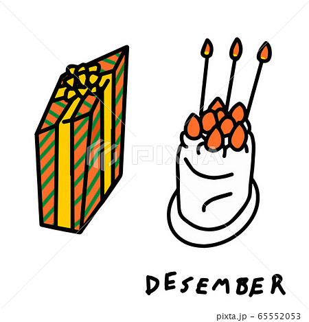12月のイラスト-プレゼントボックスとイチゴのケーキ 12月のイラスト-プレゼントボックスとイチゴのケーキ 65552053