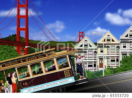 サンフランシスコ　ゴールデンゲートブリッジとケーブルカーのイラスト 65553720