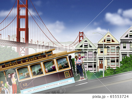 サンフランシスコ 朝もやのゴールデンゲートブリッジとケーブルカーのイラストのイラスト素材