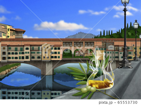 フィレンツェ ヴェッキオ橋とオリーブオイルのイラスト フィレンツェ ヴェッキオ橋とオリーブオイルのイラスト 65553730