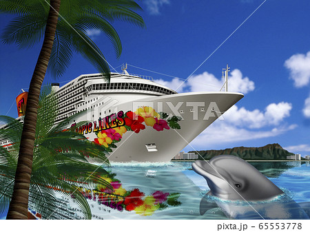ハワイ 豪華客船とイルカのイラストのイラスト素材