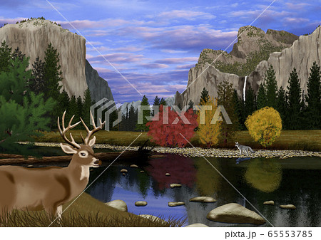 秋のヨセミテ国立公園の風景とシカのイラスト 65553785