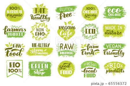 Organic eco stickers. Green natural food labels, vegetarian healthy foods badges. Vegan ecological fresh product stamp vector illustration set Organic eco stickers. Green natural food labels, vegetarian healthy foods badges. Vegan ecological fresh product stamp vector illustration set 65556372