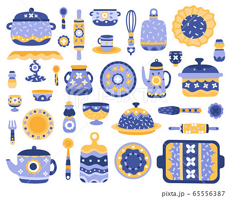 Cartoon ceramic crockery. Kitchen cookware, serving porcelain tableware, dishes, teapot, tureen, serving crockery vector illustration icons set Cartoon ceramic crockery. Kitchen cookware, serving porcelain tableware, dishes, teapot, tureen, serving crockery vector illustration icons set 65556387