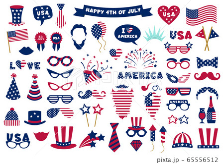 Photobooth USA patriotic props. Celebration photobooth mask, American glasses, mustache and hat, selfie photo props vector symbols set Photobooth USA patriotic props. Celebration photobooth mask, American glasses, mustache and hat, selfie photo props vector symbols set 65556512