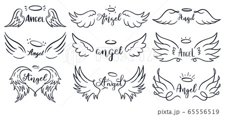 Wings hand drawn lettering. Doodle elegant angel wings phrases, sketched flight feather, winged angel wings and lettering vector illustration set 65556519