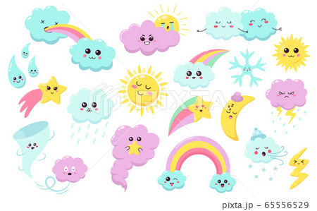 Hand drawn weather phenomena. Cute sun, clouds and rainbow, weather characters, baby star, snowflake and wind nursery isolated vector symbols set 65556529