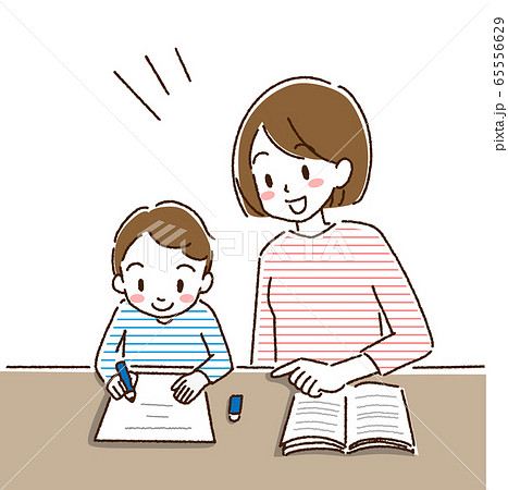 家庭で子どもに勉強を教えるお母さんのイラスト素材
