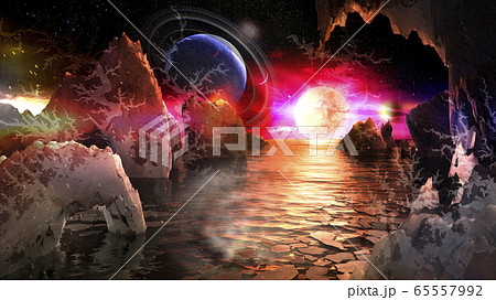 Alien planet landscape with bizarre mountains and many moons and planets in the sky. Alien planet landscape with bizarre mountains and many moons and planets in the sky. 65557992