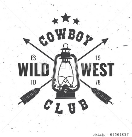 Wild west badge with indian arrow and lantern. Vector. Concept for shirt, logo, print, stamp, tee. Vintage typography design with arrow and lantern silhouette. 65561357