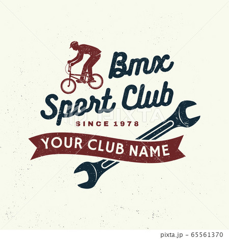 Bmx extreme sport club badge. Vector. Concept for shirt, logo, print, stamp, tee with man ride on a sport bicycle. Vintage typography design with bmx cyclist and wrench silhouette. Bmx extreme sport club badge. Vector. Concept for shirt, logo, print, stamp, tee with man ride on a sport bicycle. Vintage typography design with bmx cyclist and wrench silhouette. 65561370