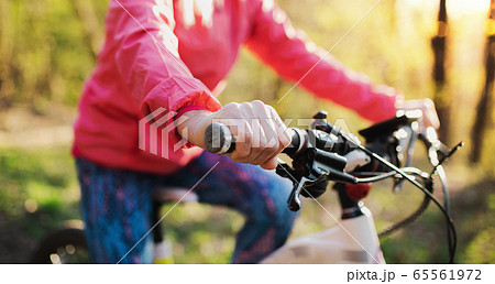 Unrecognizable active senior woman cycling outdoors in nature. 65561972